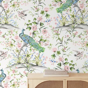 Peel and Stick Removable Wallpaper, Watercolor Chinoiserie French Floral Wall Art for Home Decor, Blue Print Peacock and Flowers Wall Mural
