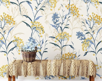 Blue and Yellow Floral Wallpaper Meadow Wall Mural Botanical Wallpaper Scandinavian Wallpaper Luxury Wall Decor Art Decor Wallpaper