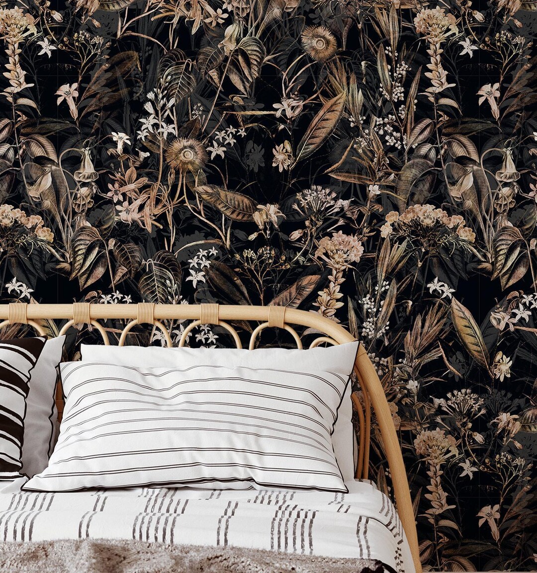 Dark Botanical Floral Wallpaper | Vintage Leaf Wall Mural (peel and ...