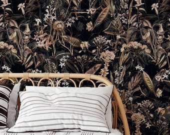Dark Botanical Floral Wallpaper  Vintage Leaf Wall Mural Peel and Stick