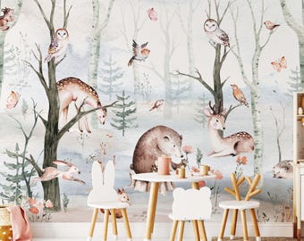 Woodland Animals Forest Wallpaper Removable Peel and Stick for Nursery Kids Bedroom