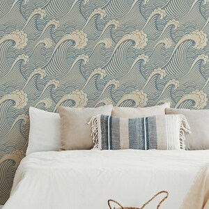 Papel pintado autoadhesivo con diseño de olas japonesas, removible, estilo Art Déco oceánico, decoración infantil.