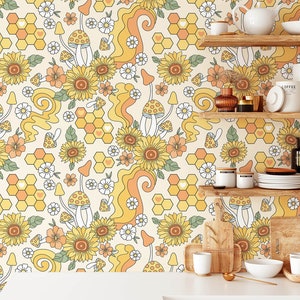 Sunflower & Mushroom Wallpaper, Botanical Wallpaper, Adhesive Wallpaper, Peel and Stick Wallpaper, Removable Wallpaper, Wall Art, Home Décor