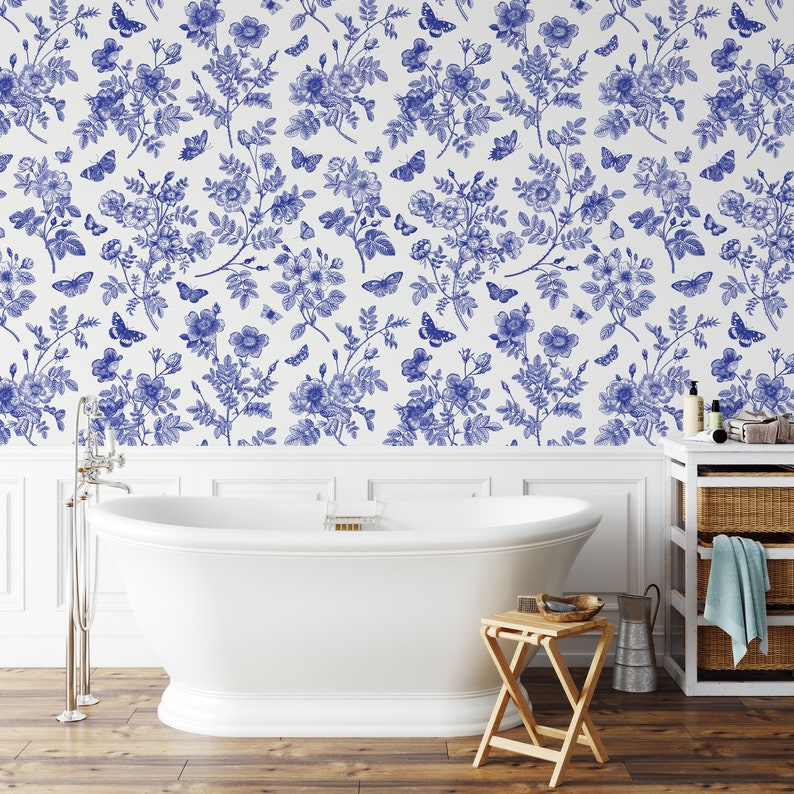 Peel and Stick Toile Wallpaper Blue Butterflies & Blue Etsy