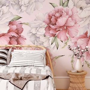 Pink Peony Maximalist peel and stick Wallpaper, Floral removable wall Mural, Large Flowers Adhesive Wall Decal, Blossom Peonies Wall Mural