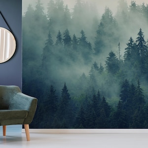 Forest wall mural, Nature Wall Art, Landscape Mural, Vinyl wallpaper, Green wallpaper, Removable Wallpaper, Tree Wall Art, Office wall Decor