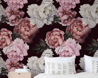 Floral Wallpaper Removable Self Adhesive Peel and Stick Dark Rose Botanical Wall Mural for Bedroom, Living Room Decor