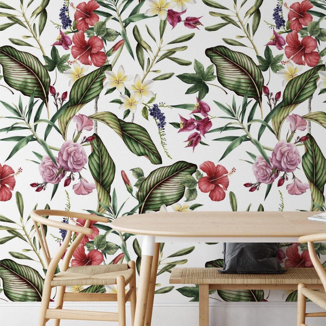 Tropical Floral Wallpaper: Botanical Leaves Peel and Stick Mural ...