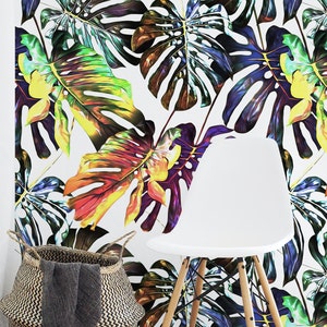 Peel and Stick Wallpaper Removable Wallpaper Wall Paper Wall Mural Tropical Wallpaper Monstera Palm Leaves Watercolor Art Deco Wallpaper T40
