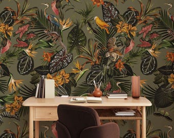 Tropical Jungle Bird Wallpaper Peel and Stick Botanical Wall Mural Removable
