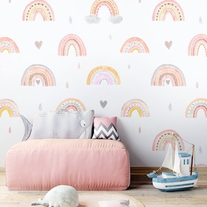 Pastel Rainbow Cloud Nursery Wallpaper, Girls Peel and Stick Wallpaper,  Removable Rainbow Cloud Wall Mural, Whimsical Wallpaper, Wall Art