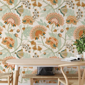 Indian Flowers Art Deco Wallpaper, Luxury Floral Wallpaper, Golden Indian Blossoms Removable Wallpaper, Ethnic Botanical Wallpaper, Wall