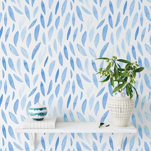 Blue Hand Drawn Leaves Wallpaper, Smooth Peel & Stick Watercolor Wall Cover, Abstract Leaves Self Adhesive Wall Mural, Textured Wallpaper