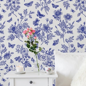 Blue Toile Wallpaper, Blue and White Butterflies and Flowers Wallpaper, Victorian Style Removable Wallpaper, Peel and Stick Floral Wallpaper