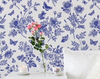 Blue Toile Wallpaper, Blue and White Butterflies and Flowers Wallpaper, Victorian Style Removable Wallpaper, Peel and Stick Floral Wallpaper