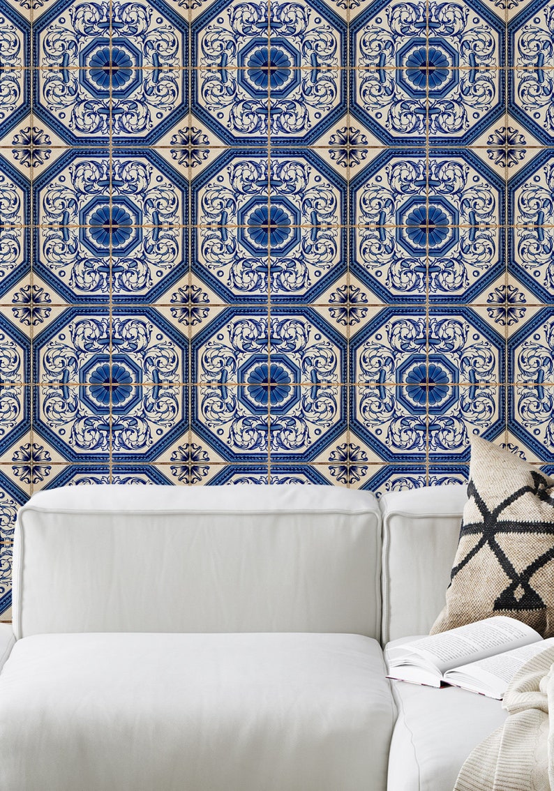 Mediterranean Blue Tile Wallpaper Blue and White Moroccan - Etsy