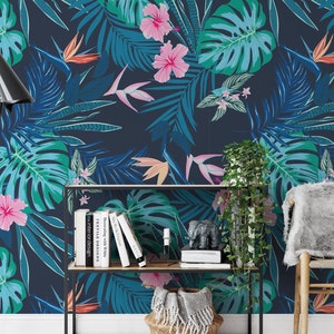 Dark Blue Tropical Wallpaper, Palm Leaves Removable Wallpaper, Tropical Blue Peel Stick Wallpaper, Navy Blue Botanical Wallpaper, Room Decor