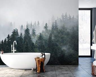 Scenery Wallpaper in Peel and Stick Featuring Forest Trees Woodland Scenery & Nature Design Removable Wall Mural for Entryway Bedroom