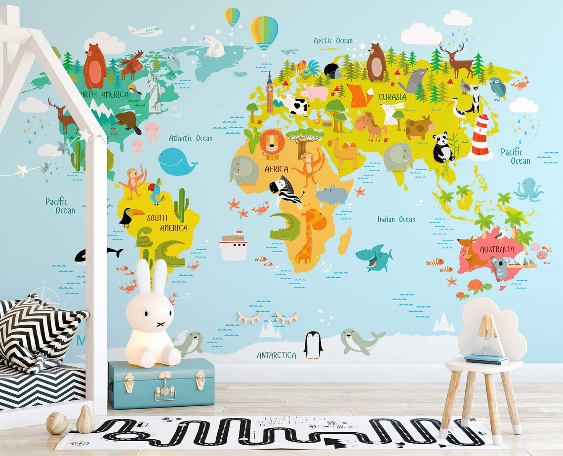 Nursery Wallpaper Educative World Map With Baby Animals Kids Etsy