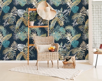 Navy Gold Metallic Palm Leaf Tropical Wallpaper (Peel and Stick)