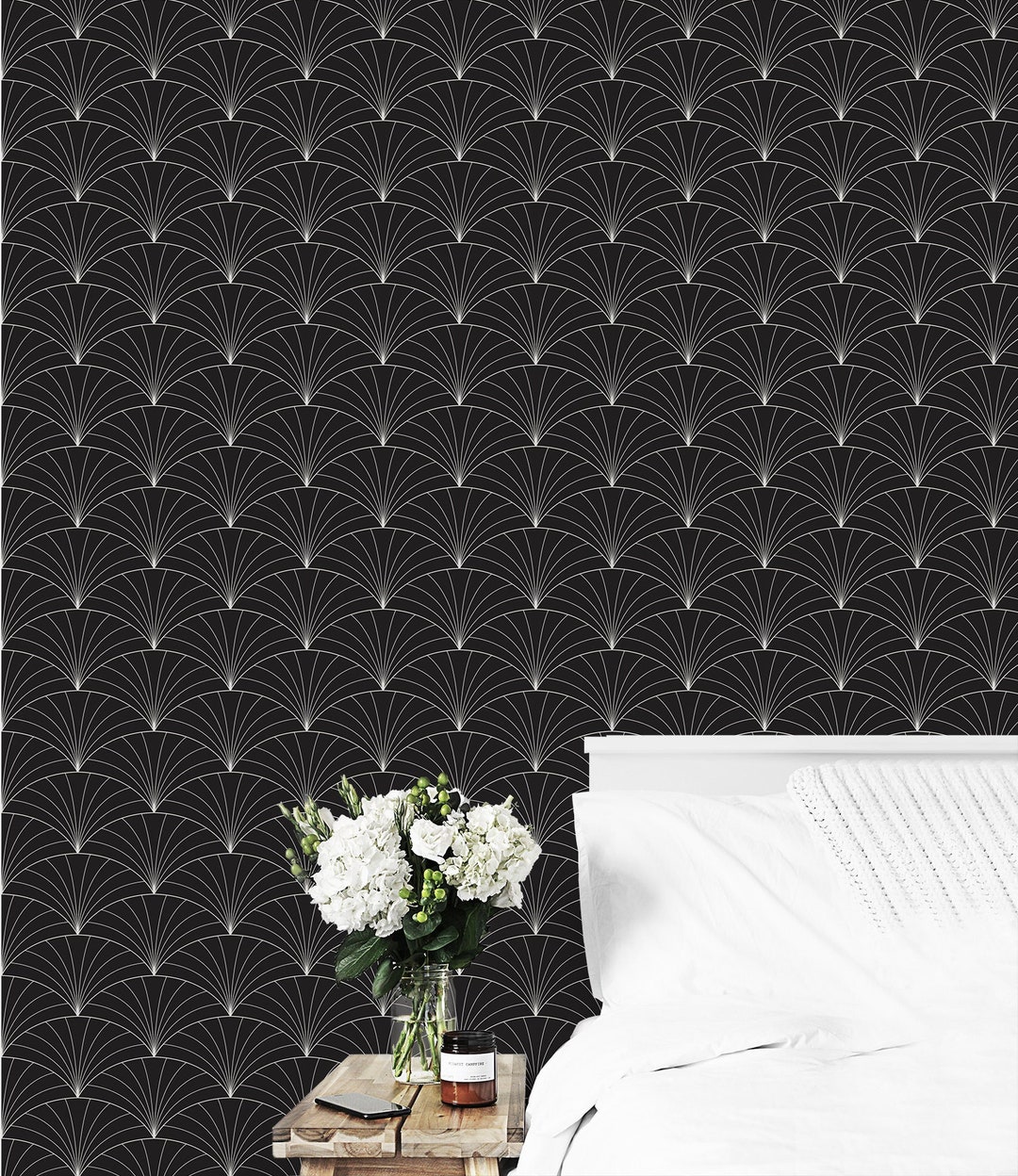 Black Geometric Wallpaper Art Deco Mural, Peel and Stick Wallpaper