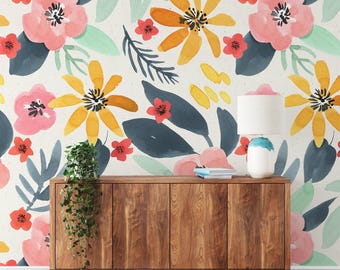 Colorful Botanical Floral Wallpaper Removable Peel and Stick Wall Mural Garden Decor