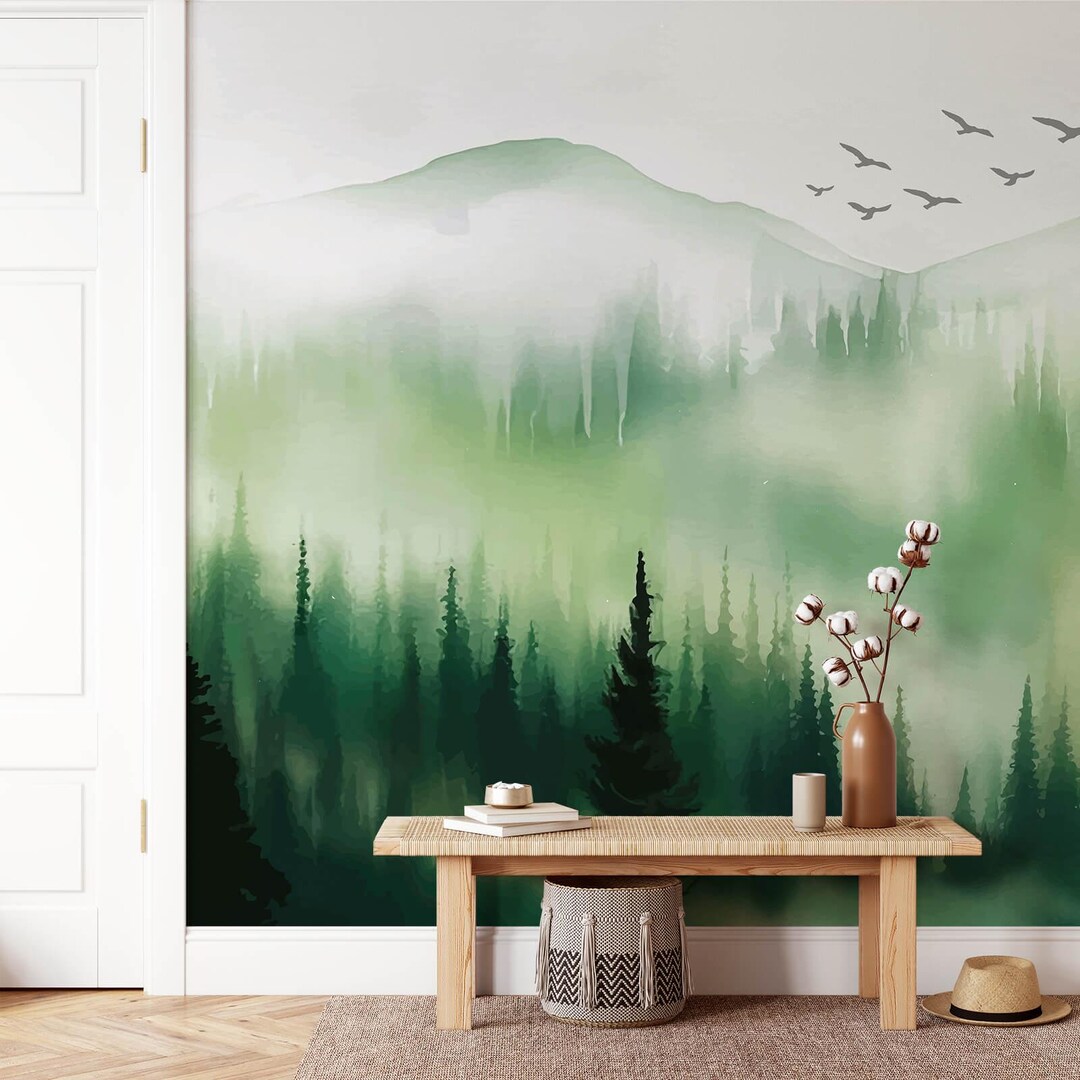 Watercolor Forest Wallpaper Mural, Peel and Stick Reusable Wall Art - Etsy
