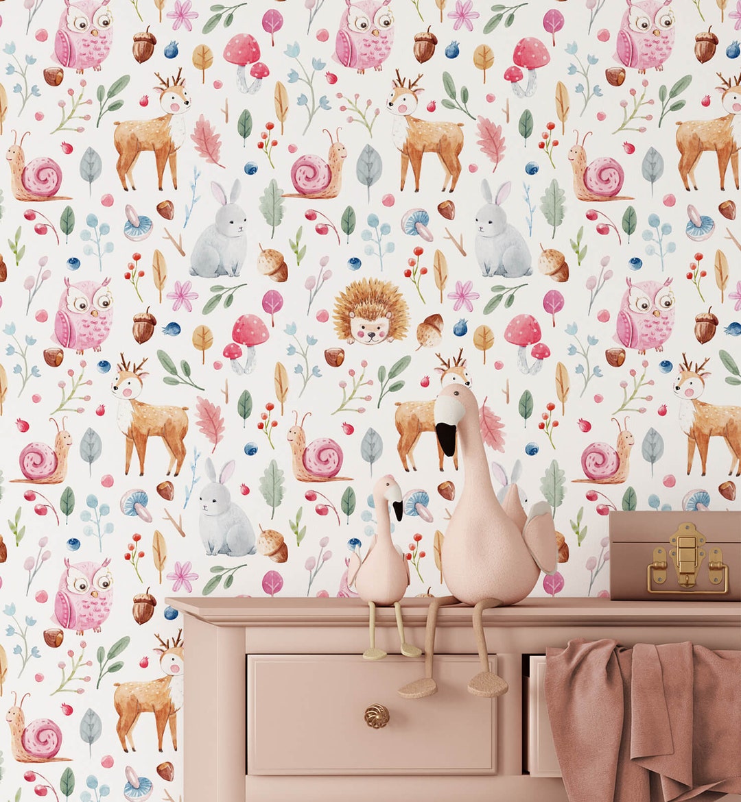 Woodland Animal Nursery Wallpaper, Cute Forest Creatures Wall Mural ...