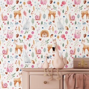 Forest Wallpaper Peel and Stick, Self Adhesive Mushroom Wallpaper, Woodland Wallpaper, Deer and Rabbit Wallpaper for Girls Room