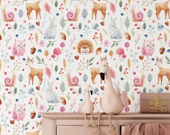 Forest Wallpaper Peel and Stick, Self Adhesive Mushroom Wallpaper, Woodland Wallpaper, Deer and Rabbit Wallpaper for Girls Room