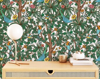 Vintage Chinoiserie Bird Floral Jungle Botanical Peel and Stick Wallpaper, Removable for Bedroom Living Room