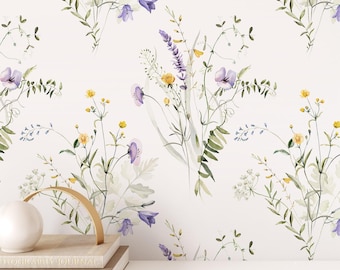 Watercolor Wildflower Wallpaper Botanical Floral Wall Mural Soft Pastel Flower Pattern Cottagecore Nursery Decor Elegant Nature Wall Art