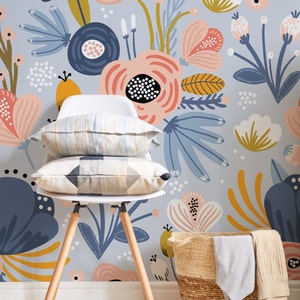 Colorful Floral Wallpaper, Floral Pattern Removable Wallpaper, Kids Room Decor, Nursery Wallpaper, Pink and Blue Peel Stick Wallpaper
