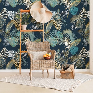 Modern Tropical Wallpaper Covering, Tropical Wallpaper Peel and Stick, Blue Leaves Wallpaper Mural, Wallpaper Tropical Leaves