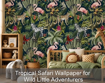 Tropical Safari Animals Peel and Stick Wallpaper, Jungle Animal Kids Room Wall Mural, Flamingo Zebra Nursery Décor, Removable Wallpaper