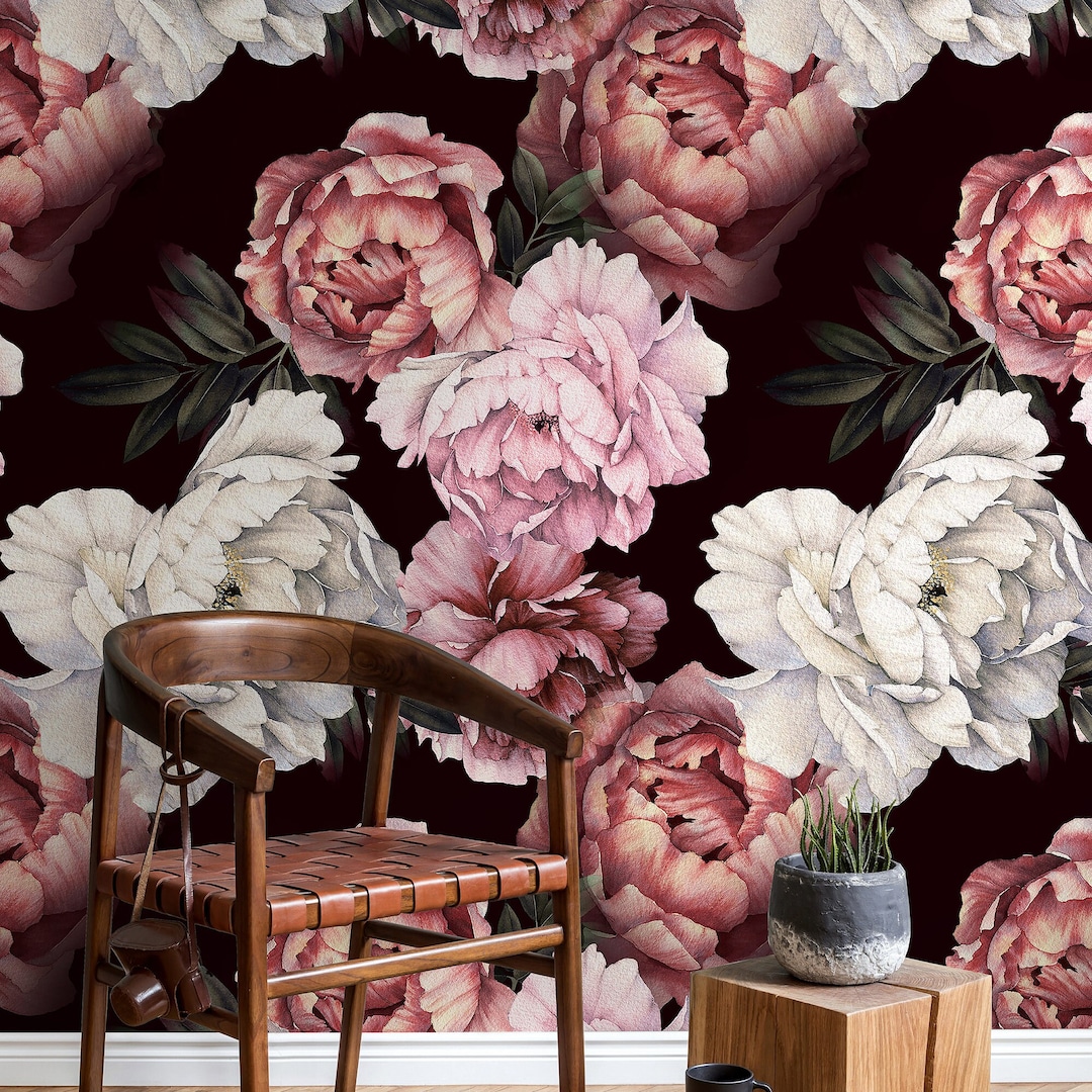 Peony Flowers Wallpaper With Dark Background, Peel and Stick Peonies ...