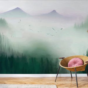 Watercolor Mountain And Forest Wallpaper, Mountain Wall Art, Foggy Forest Wall Mural, Dreamy Forest Removable Wallpaper, Landscape Wallpaper