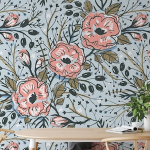Blue and Pink Floral Wallpaper, Romantic Botanical Wallpaper, Colorful Wallpaper, Floral Wall Art, Removable Wallpaper, Whimsical Wallpaper