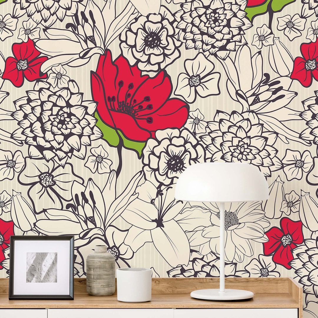 Red Poppy Floral Peel and Stick Wallpaper Black White Red Botanical ...
