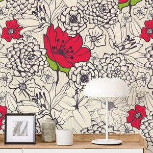 Red Poppy Flower Wallpaper, Red Black and White Graphic Floral Wallpaper, Poppy Blossom Peel and Stick Wallpaper, Floral Wall Mural