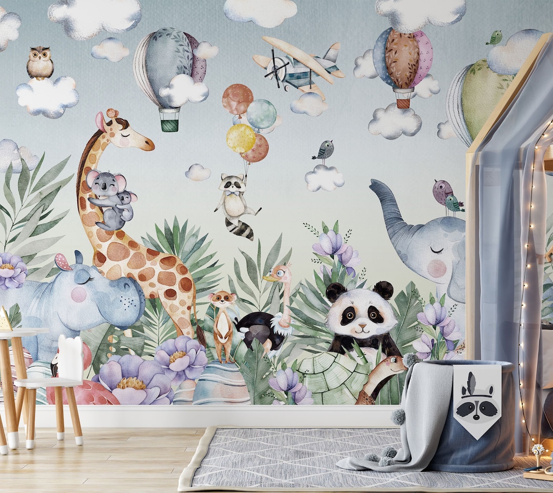 Jungle Animals Kids Nursery Wallpaper, Peel and Stick Safari Wall Mural ...