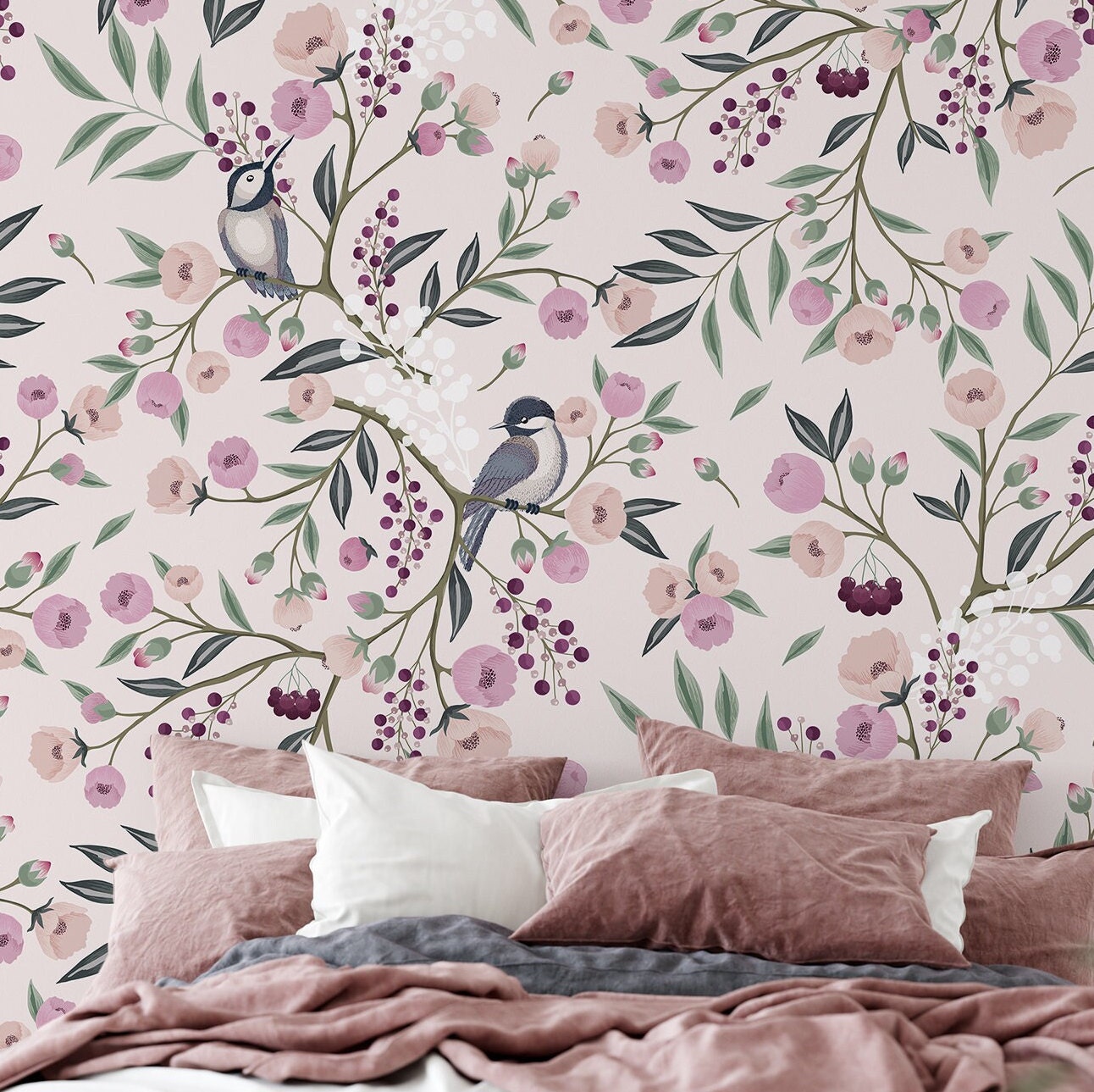 Walls Republic Dreamy Vintage Birds Black Floral Paper Non-Pasted Strippable Wallpaper Roll (Covers 57 Sq. ft.)