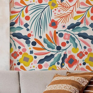 Scandinavian Floral Wallpaper, Colorful Summer Theme Botanical Wall Art, Peel and Stick Wallpaper, Home Decor Wallpaper, Vinyl Wallpaper