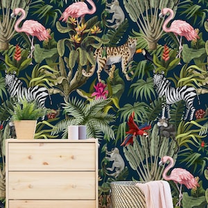Jungle Animal Peel and Stick Wallpaper Tropical Safari Flamingo Zebra Wall Mural – Dark Teal Removable Nursery Bedroom Exotic Decor