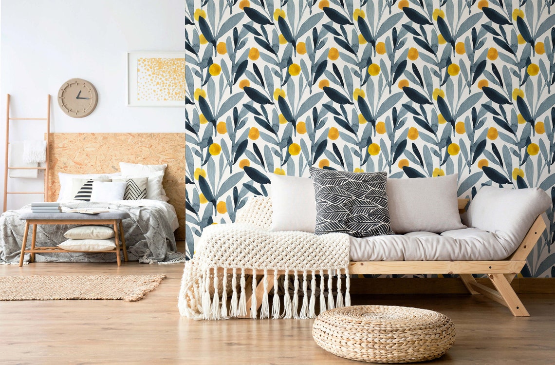 Leafy Peel and Stick Wallpaper Grey and Lemon Yellow Etsy