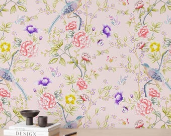 Hand-Painted Chinoiserie Wallpaper: Floral Bird Mural (Peel and Stick)