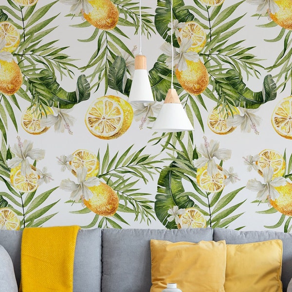 Lemons and Palm Leaves Wallpaper, Peel and Stick Wall Mural, Floral Removable Kitchen Wallpaper, Restaurant Wall Cover, Farmhouse Wall Decor