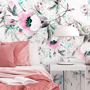 Pink Peony Flowers Floral Wallpaper Peel and Stick, Botanical Removable wall mural, Delicate Flowers on White Bright Wallpaper, AF039D