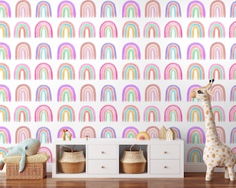Papel pintado de arcoíris en acuarela, removible y autoadhesivo para la decoración de la habitación de niñas.