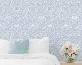 Blue Scallop Art Deco Fan Wallpaper Geometric Peel and Stick Wall Decor